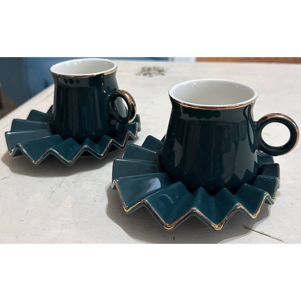Vintage Emerald Gold Trim Ruffled Harlequin Unique Tea For 2 Set Cup Saucer